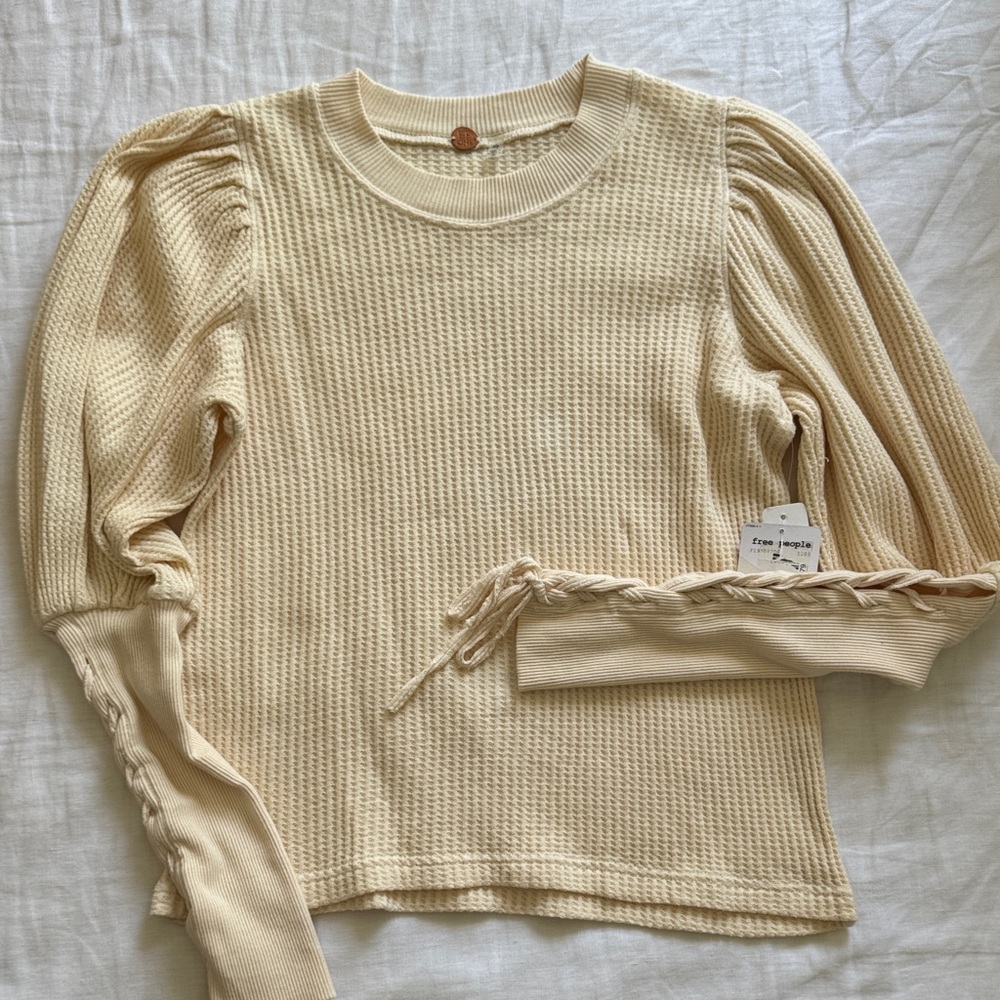 Free People Beige Waffle Knit Puff Sleeve Sweatshirt